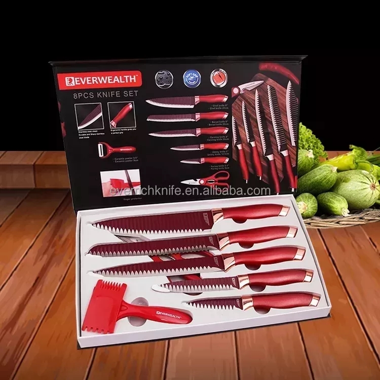 El conjunto de 8 piezas más atractivo para la venta caliente, cuchillo de cocina, rojo, con caja de regalo 