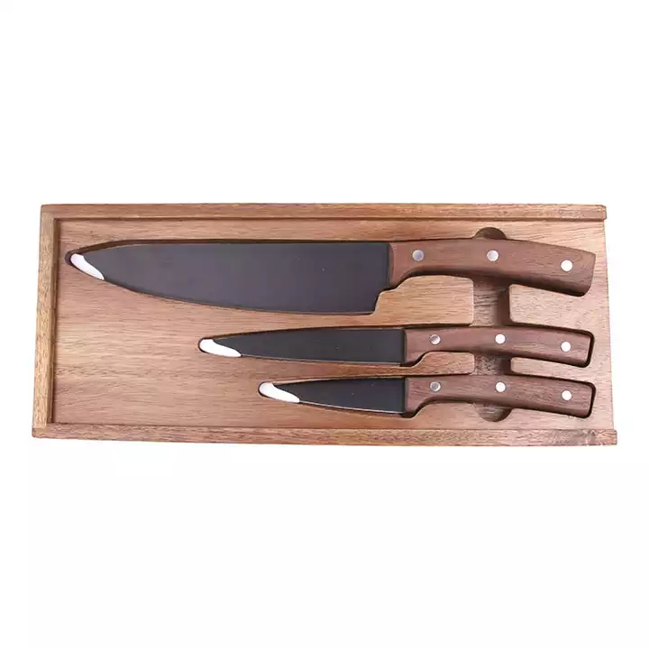 Venta caliente nuevo diseño cuchillo de cocina con recubrimiento de óxido negro cuchillo de Cocina juego de mango de nogal 