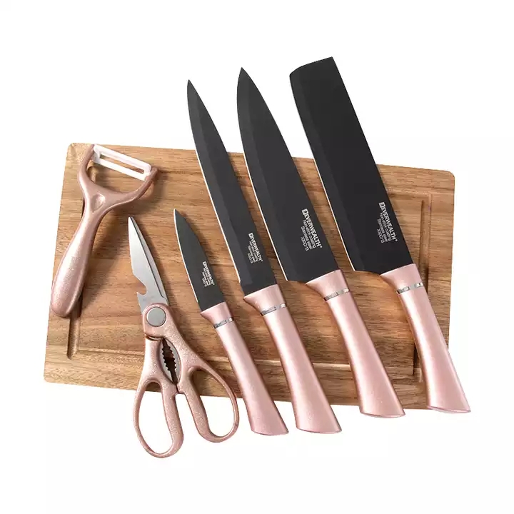 Caja de regalo de venta caliente 7 utensilios de cocina, juego de cuchillo negro de acero inoxidable con placa de corte 