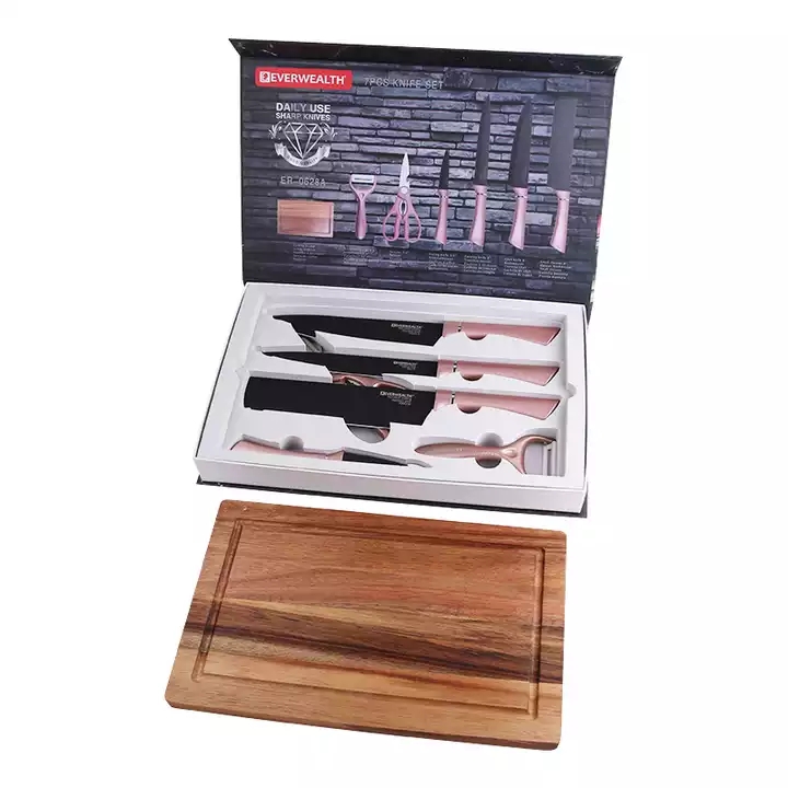 Caja de regalo de venta caliente 7 utensilios de cocina, juego de cuchillo negro de acero inoxidable con placa de corte 