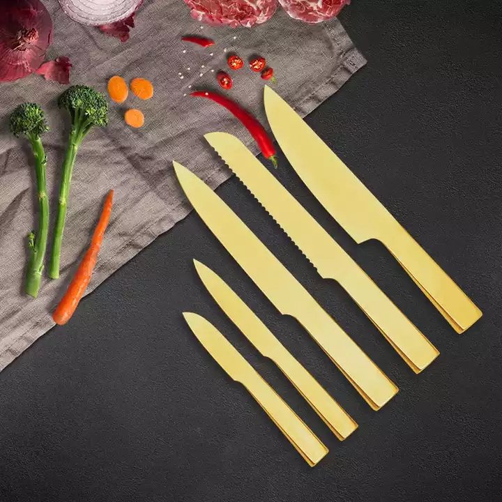 Amazon vende juegos de cuchillos de cocina de color con mango hueco de acero inoxidable sin recubrimiento pegajoso 