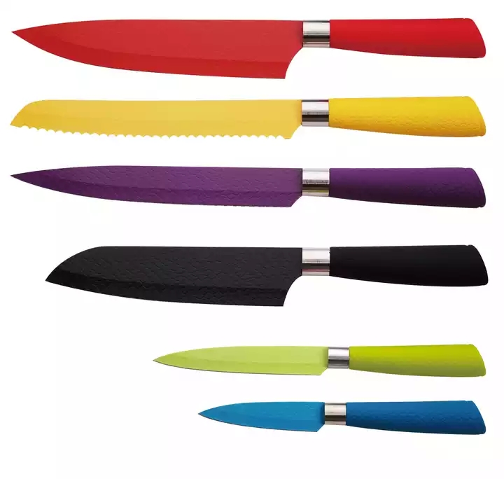 Conjunto de 7 piezas de utensilios de cocina de acero inoxidable de color de la fábrica de moda China PP + conjunto de cuchillos de cocina con mango TPR 