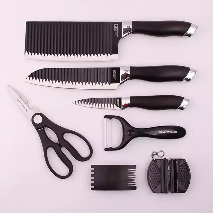 Juego de 7 piezas de cuchillo de cocina antiadherente estampado, con tijeras 