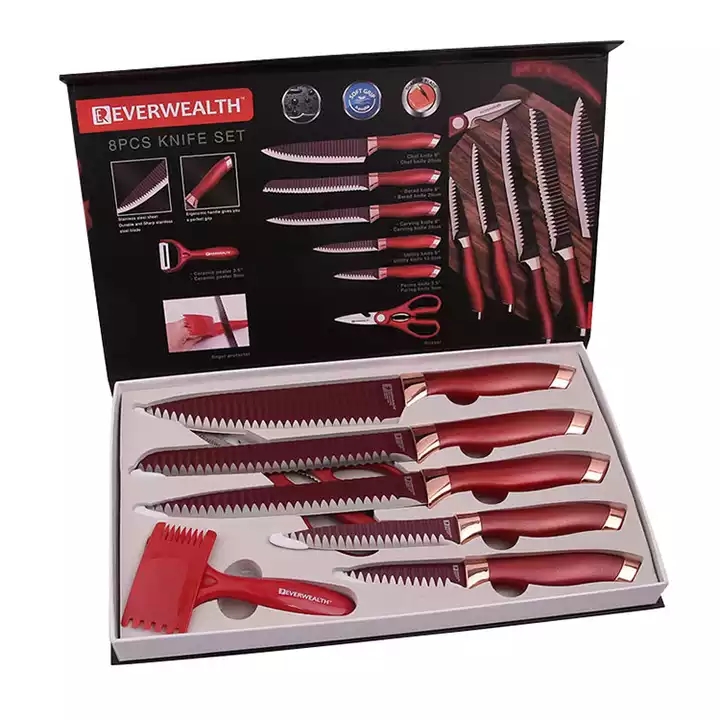 El conjunto de 8 piezas más atractivo para la venta caliente, cuchillo de cocina, rojo, con caja de regalo 