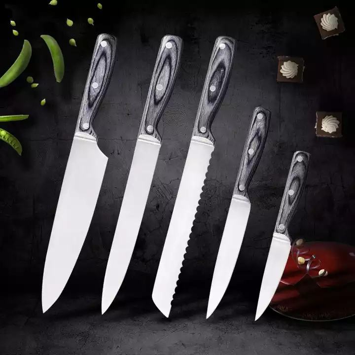 Grupo de cuchillos de acero inoxidable de alto nivel Grupo de cuchillos prácticos de cocineros, con mango de madera pakka 