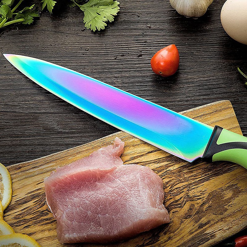 Cuchillo de cocina profesional de mango de madera pakka de titanio de 5 piezas, con soporte magnético 