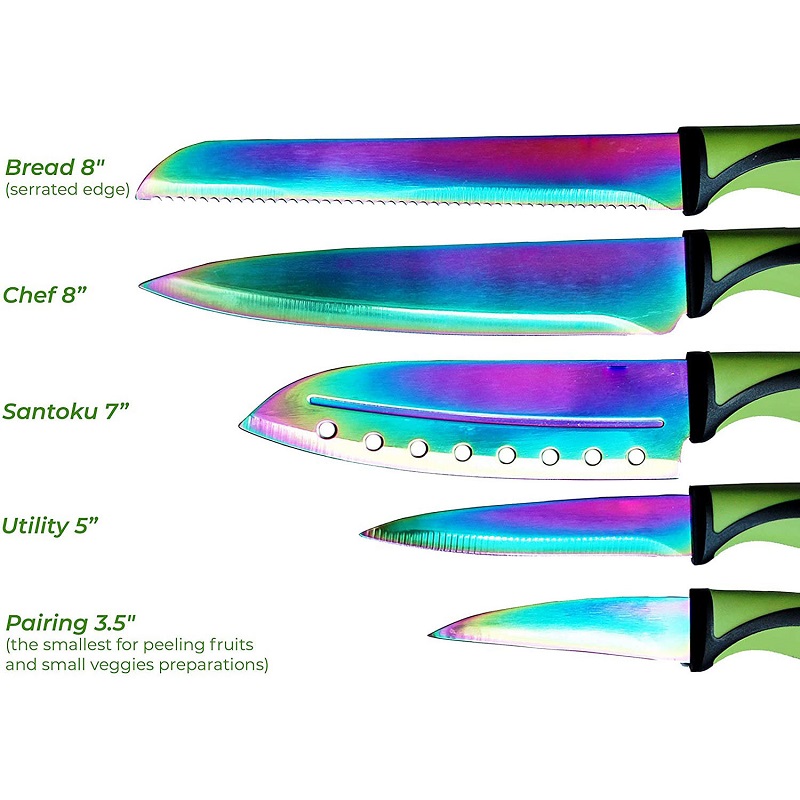 Cuchillo de cocina profesional de mango de madera pakka de titanio de 5 piezas, con soporte magnético 