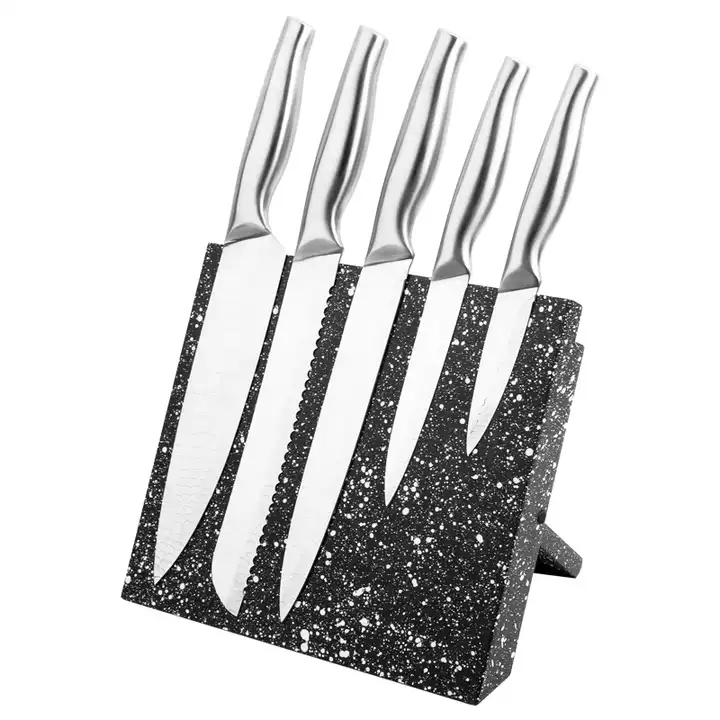 Productos calientes personalizados 6 utensilios de cocina con mango hueco, Grupo de cuchillos de cocina de acero inoxidable con asiento de cuchillo 