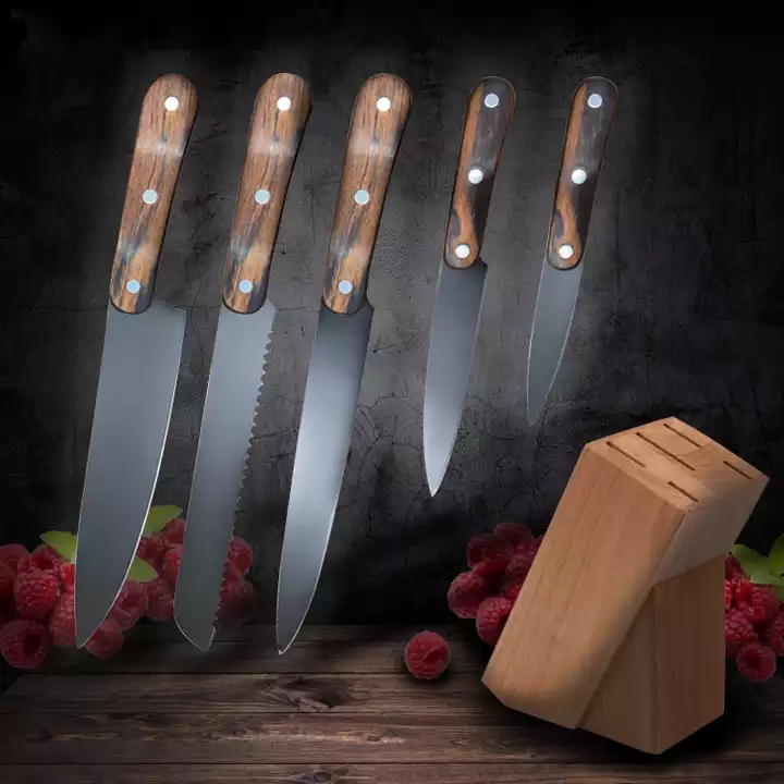 Madera natural pakka acero inoxidable 3cr13 6 juegos de cuchillos afilados juegos de cuchillos de cocina 