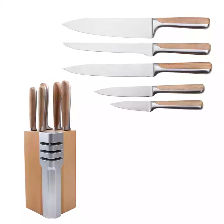 Conjunto de cuchillos de cocina de acero inoxidable de haya + 430 mangos, con base de almacenamiento de cuchillos de madera 