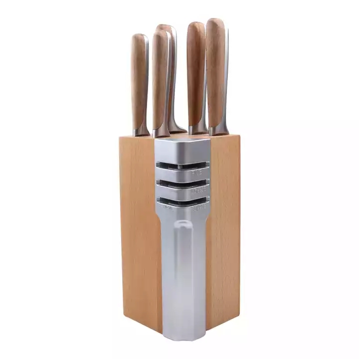 Conjunto de cuchillos de cocina de acero inoxidable de haya + 430 mangos, con base de almacenamiento de cuchillos de madera 