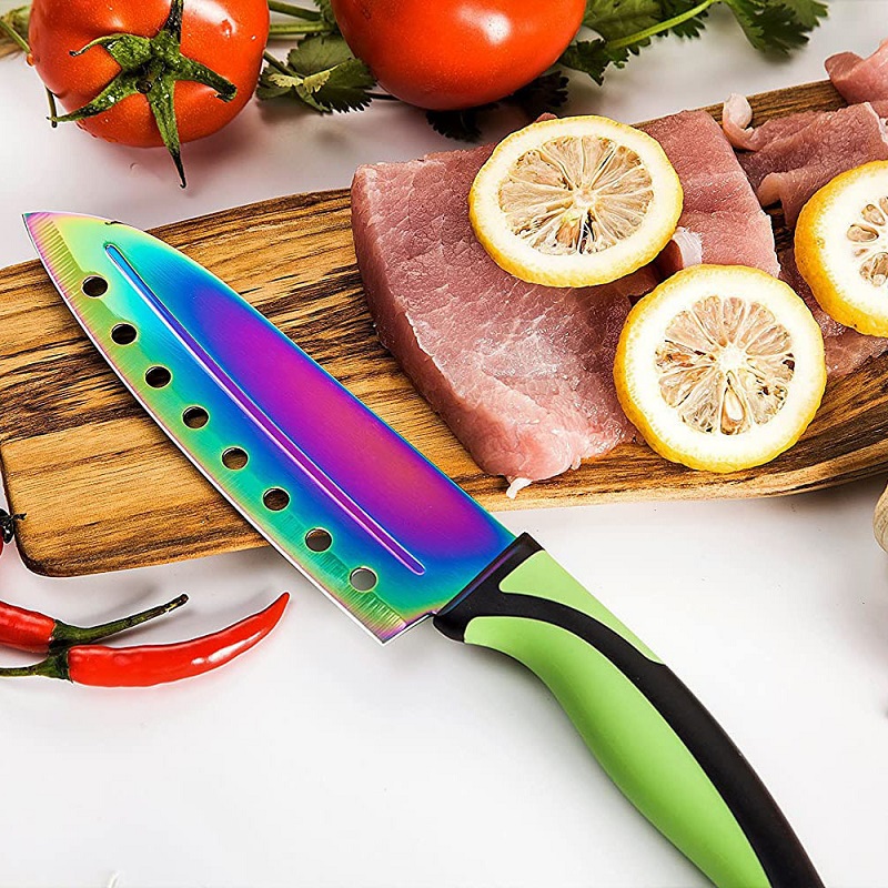 Cuchillo de cocina profesional de mango de madera pakka de titanio de 5 piezas, con soporte magnético 